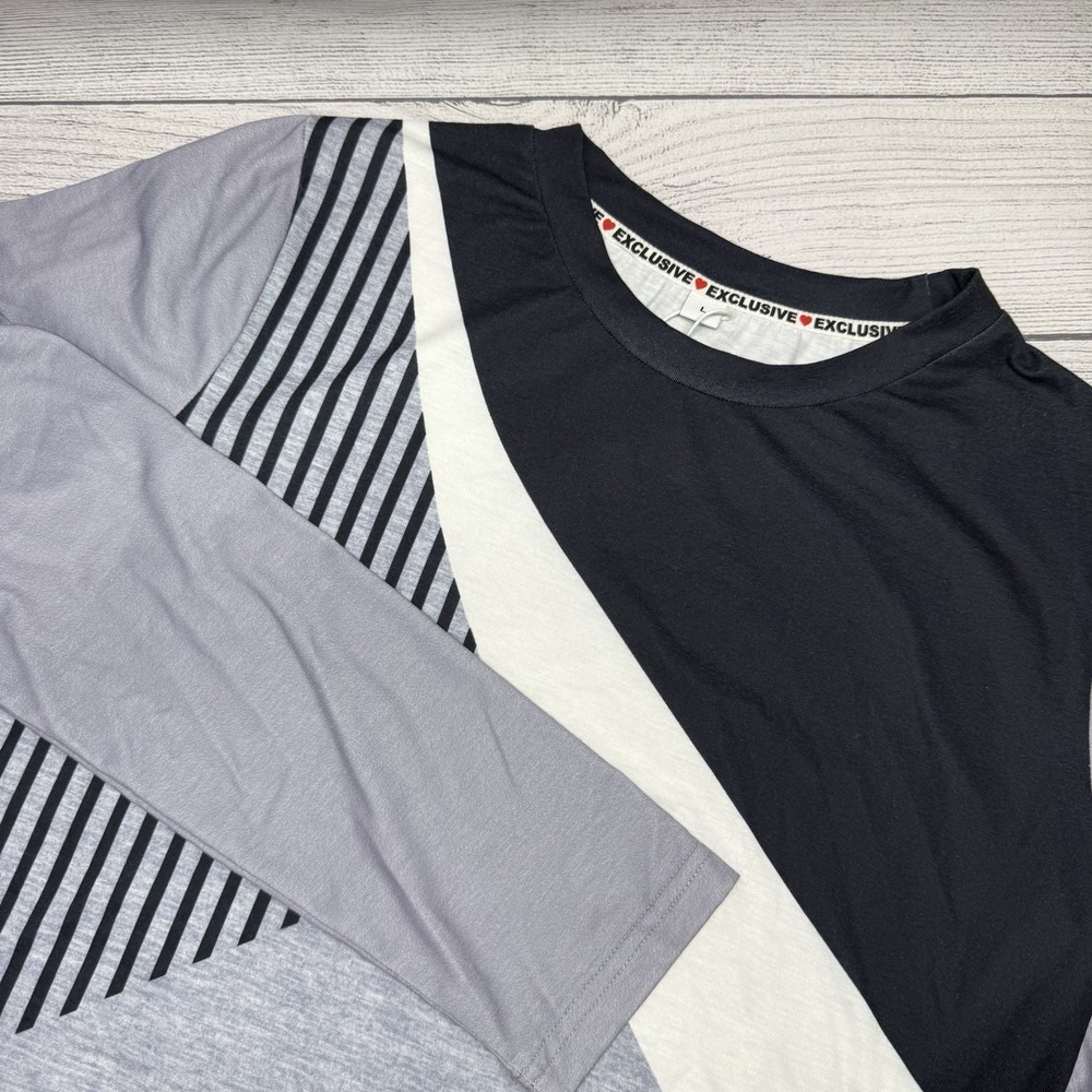 Exclusive Gray & Blue Womens Long Sleeve Tee - Geometric Design - Large NEW